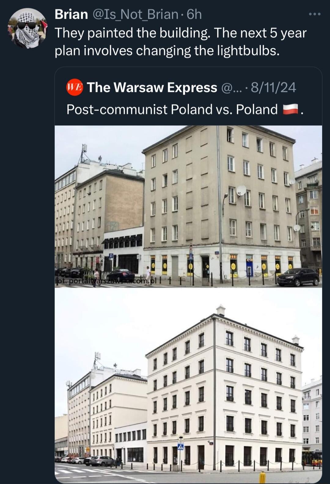 Brian ot Br i They painted the building The next 5 year CIERWVEIVESK G B R GEN EGIGIVDEN W The Warsaw Express 81124 Post communist Poland vs Pol