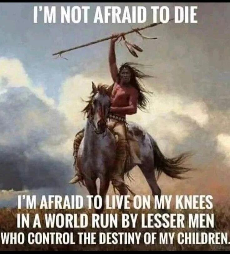 I'M NOT AFRAID TO DIE I'M AFRAID TO LIVE ON MY KNEES IN A WORLD RUN BY LESSER MEN WHO CONTROL THE DESTINY OF MY CHILDREN.