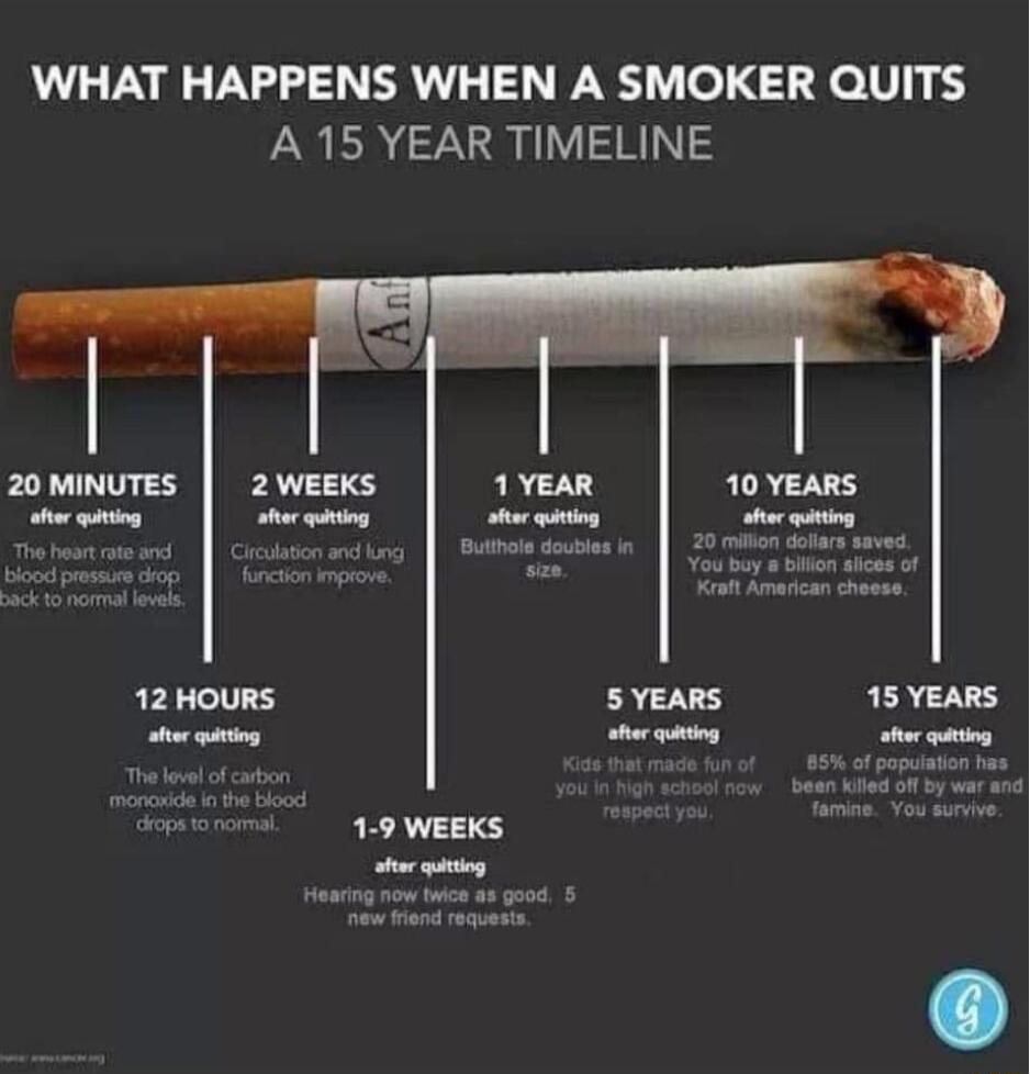 WHAT HAPPENS WHEN A SMOKER QUITS A 15 YEAR TIMELINE 20MiNUTES 2 WEEKS g e 19 WEEKS