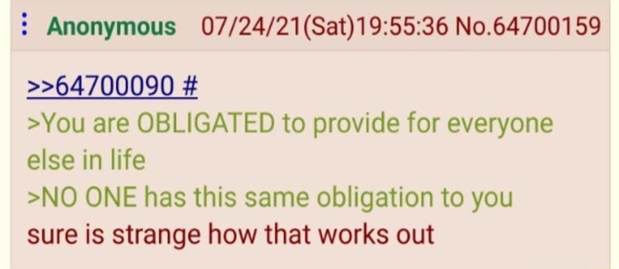 Anonymous 072421Sat195536 No64700159 2264700090 You are OBLIGATED to provide for everyone else in life NO ONE has this same obligation to you sure is strange how that works out