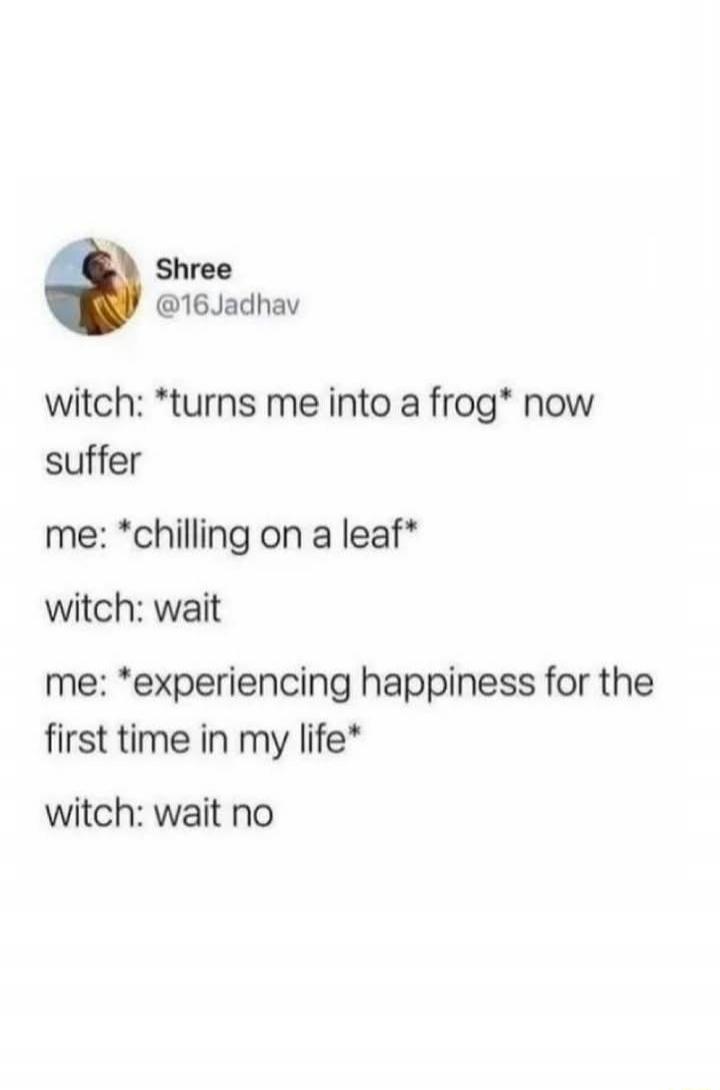 Shree @16Jadhav witch: *turns me into a frog* now suffer me: *chilling on a leaf* witch: wait me: *experiencing happiness for the first time in my life* witch: wait no