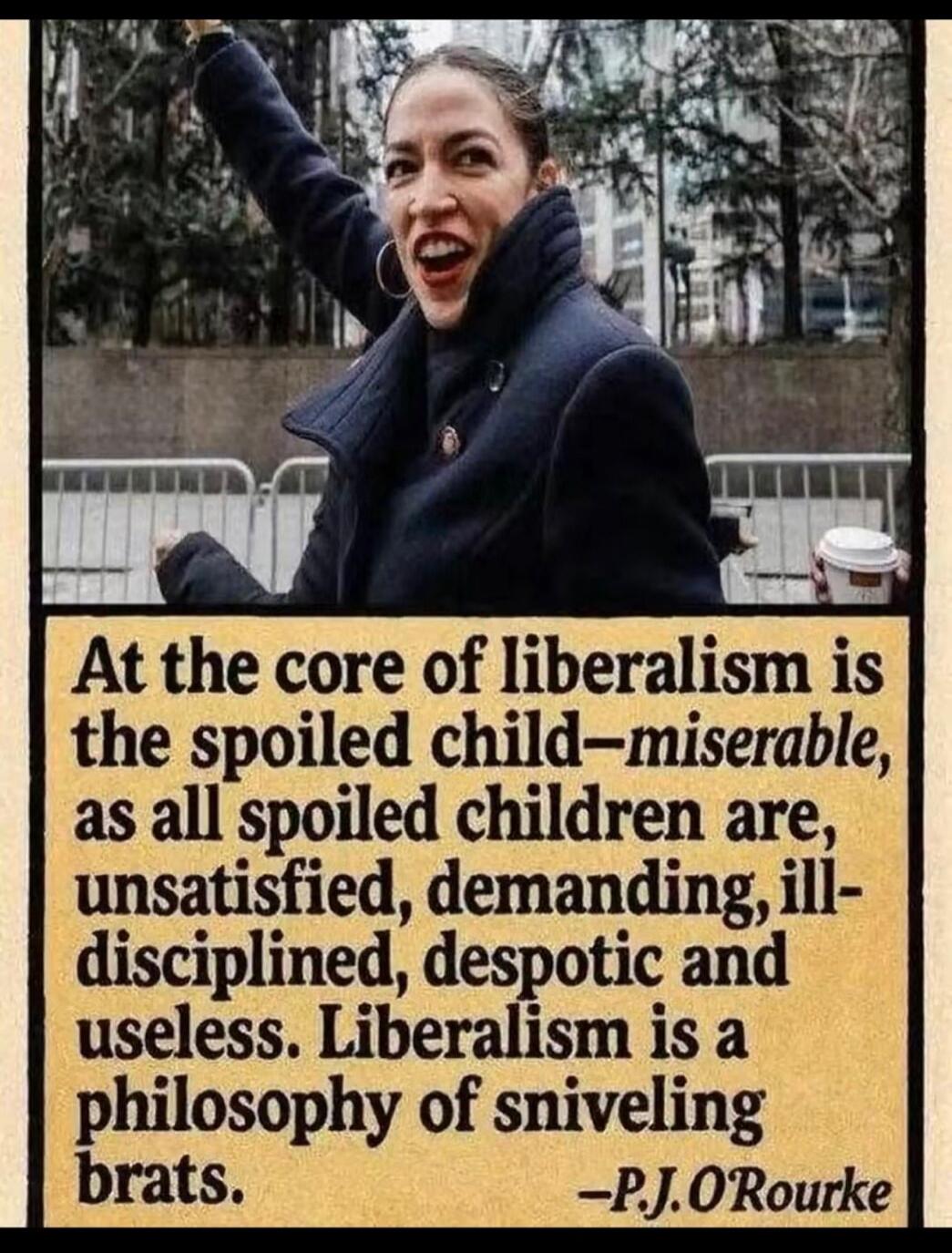 At the core of liberalism is the spoiled child—miserable, as all spoiled children are, unsatisfied, demanding, ill-disciplined, despotic and useless. Liberalism is a philosophy of sniveling brats. —P.J. O'Rourke