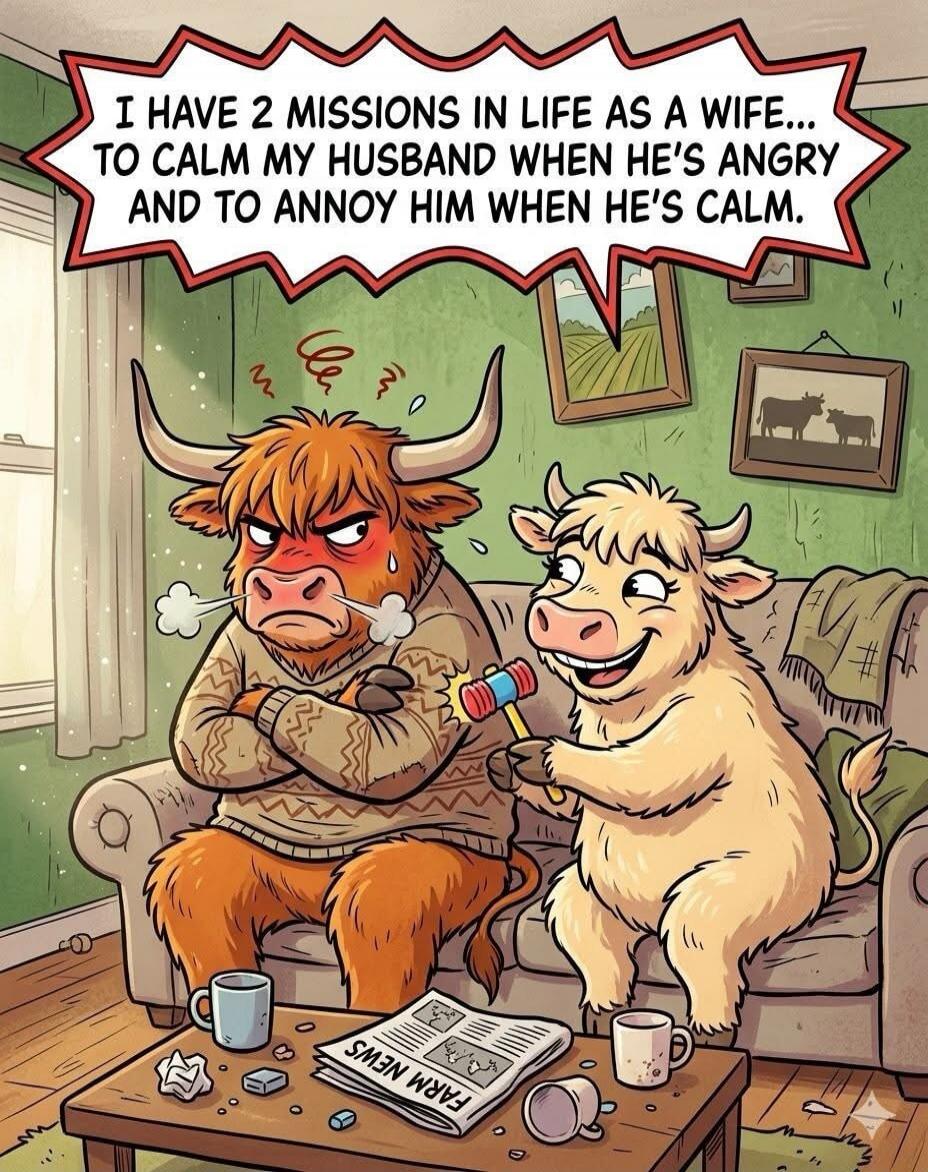 I HAVE 2 MISSIONS IN LIFE AS A WIFE... TO CALM MY HUSBAND WHEN HE'S ANGRY AND TO ANNOY HIM WHEN HE'S CALM.