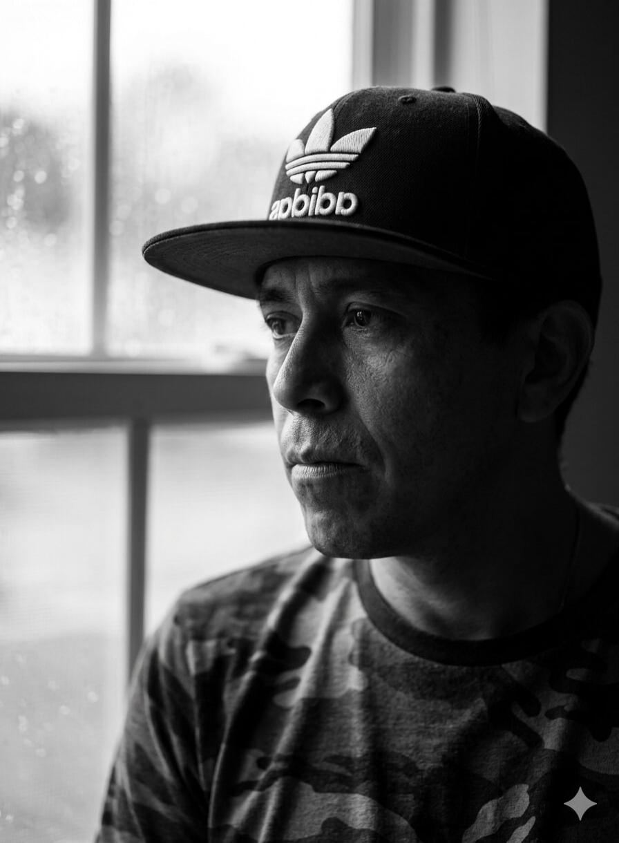 A man wearing a baseball cap with a mirrored Adidas logo ('apbibp') and a camouflage t-shirt looks out a window. The image is black and white.