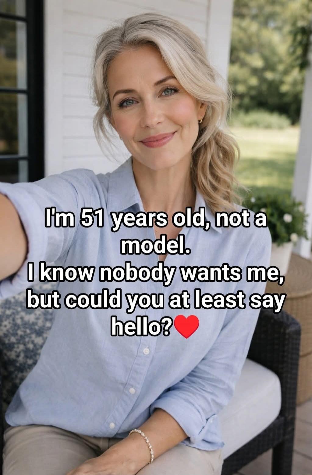 I'm 51 years old, not a model. I know nobody wants me, but could you at least say hello? ❤️