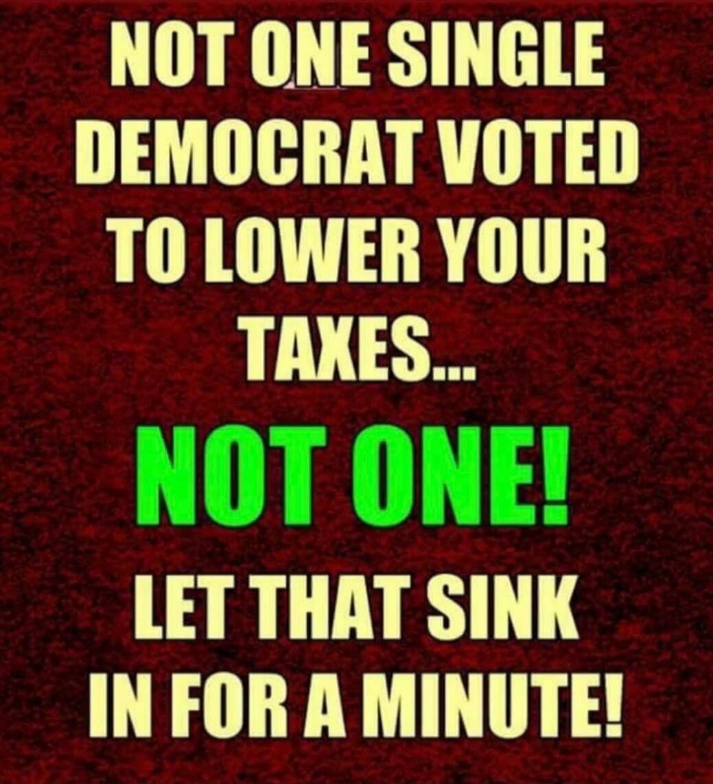 NOT ONE SINGLE DEMOCRAT VOTED TO LOWER YOUR TAXES... NOT ONE! LET THAT SINK IN FOR A MINUTE!