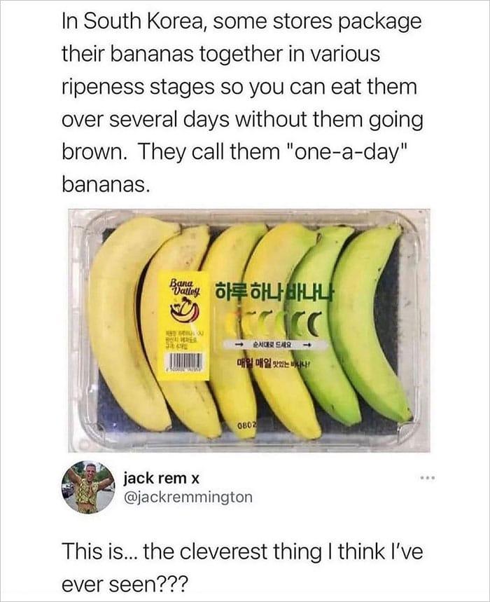 In South Korea some stores package their bananas together in various ripeness stages so you can eat them over several days without them going brown They call them one a day bananas jack rem x jackremmington This is the cleverest thing think Ive ever seen
