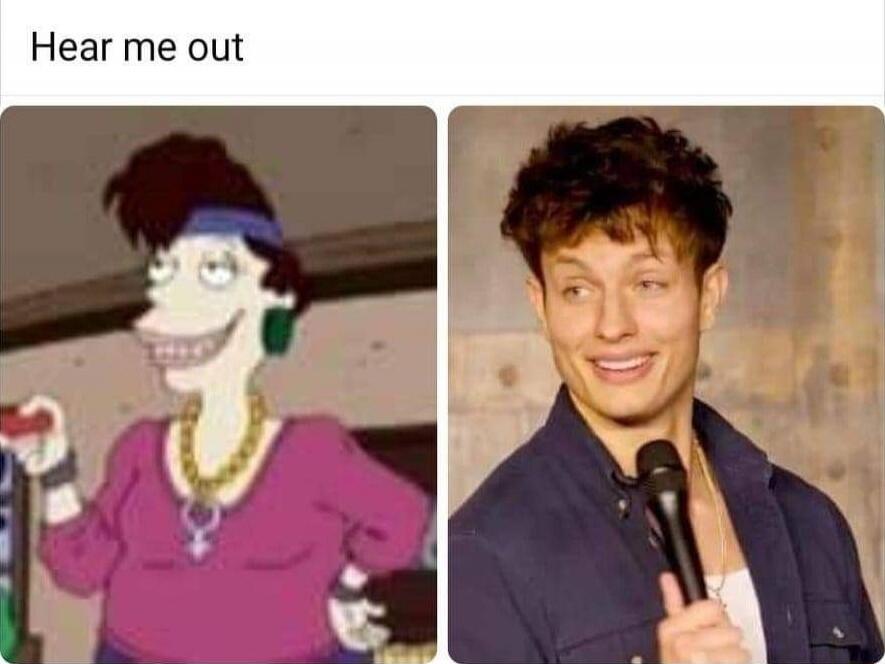 Hear me out
[Left image: cartoon woman with a purple top, necklace, hair in a bun with a blue headband]
[Right image: smiling man holding a microphone]