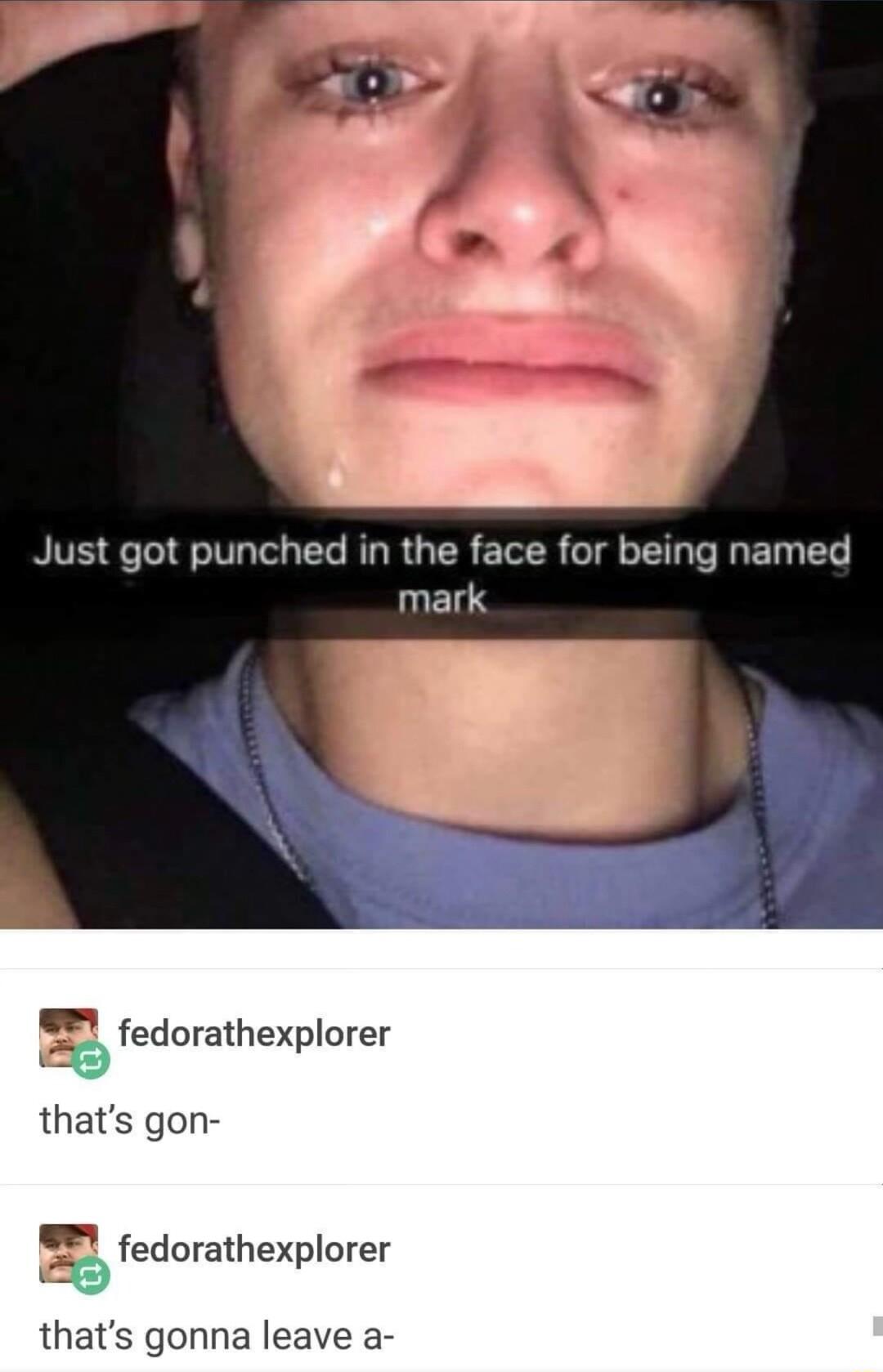 Just got punched in the face for being named mark fedorathexplorer thats gon g fedorathexplorer thats gonna leave a