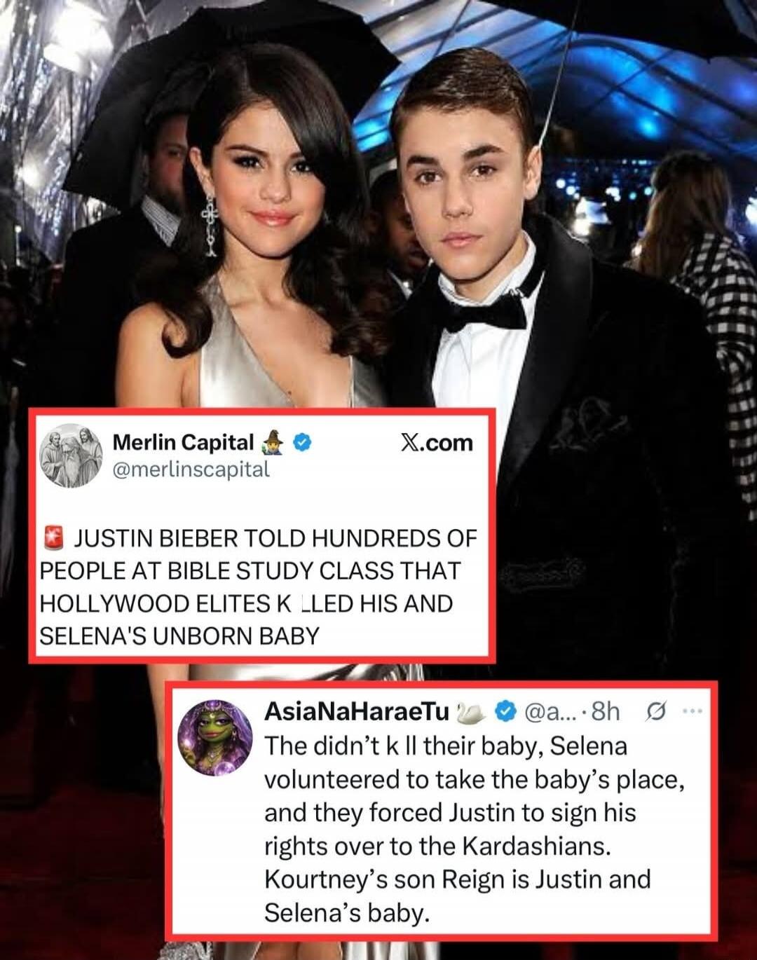 JUSTIN BIEBER TOLD HUNDREDS OF PEOPLE AT BIBLE STUDY CLASS THAT HOLLYWOOD ELITES K L ED HIS AND SELENA'S UNBORN BABY
The didn’t k ll their baby, Selena volunteered to take the baby’s place, and they forced Justin to sign his rights over to the Kardashians. Kourtney’s son Reign is Justin and Selena’s baby.