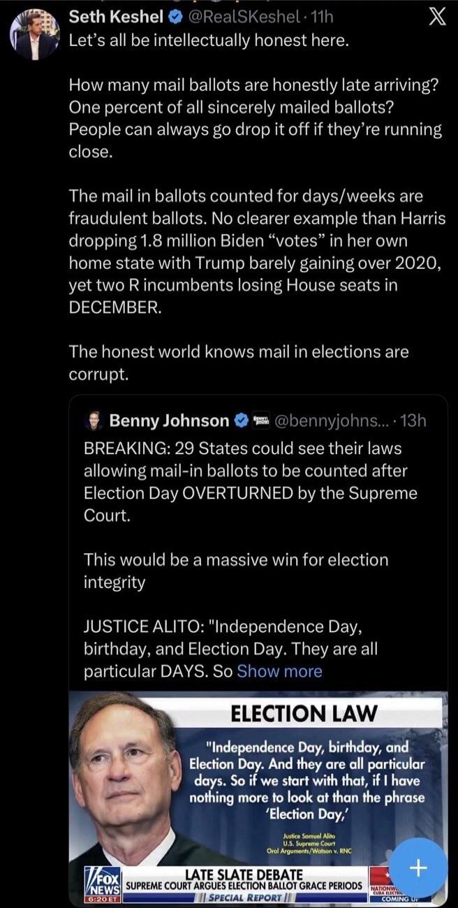 Let's all be intellectually honest here. How many mail ballots are honestly late arriving? One percent of all sincerely mailed ballots? People can always go drop it off if they're running close. The mail in ballots counted for days/weeks are fraudulent ballots. No clearer example than Harris dropping 1.8 million Biden 