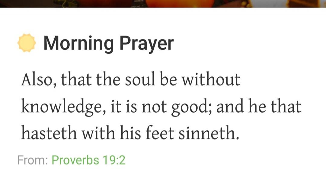 Morning Prayer Also, that the soul be without knowledge, it is not good; and he that hasteth with his feet sinneth. From: Proverbs 19:2