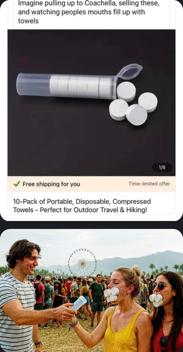 Imagine pulling up to Coachella, selling these, and watching peoples mouths fill up with towels. Free shipping for you. Time-limited offer. 10-Pack of Portable, Disposable, Compressed Towels - Perfect for Outdoor Travel & Hiking!