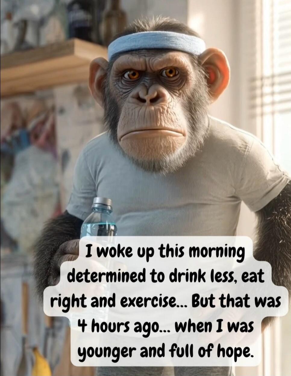 I woke up this morning determined to drink less, eat right and exercise... But that was 4 hours ago... when I was younger and full of hope.