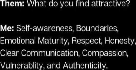 Them: What do you find attractive?
Me: Self-awareness, Boundaries, Emotional Maturity, Respect, Honesty, Clear Communication, Compassion, Vulnerability, and Authenticity.