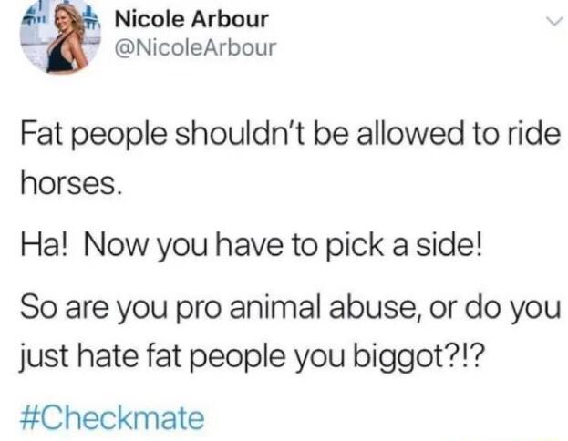 Nicole Arbour NicoleArbour Fat people shouldnt be allowed to ride horses Ha Now you have to pick a side So are you pro animal abuse or do you just hate fat people you biggot Checkmate