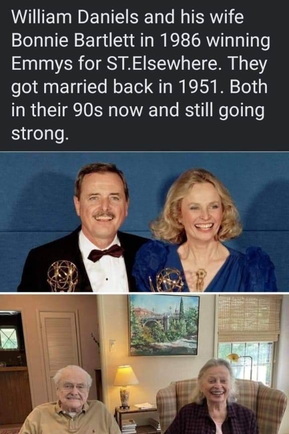 VT Ta WO E TR T SRTa o Wy TERVY Bonnie Bartlett in 1986 winning Emmys for STElsewhere They got married back in 1951 Both in their 90s now and still going strong