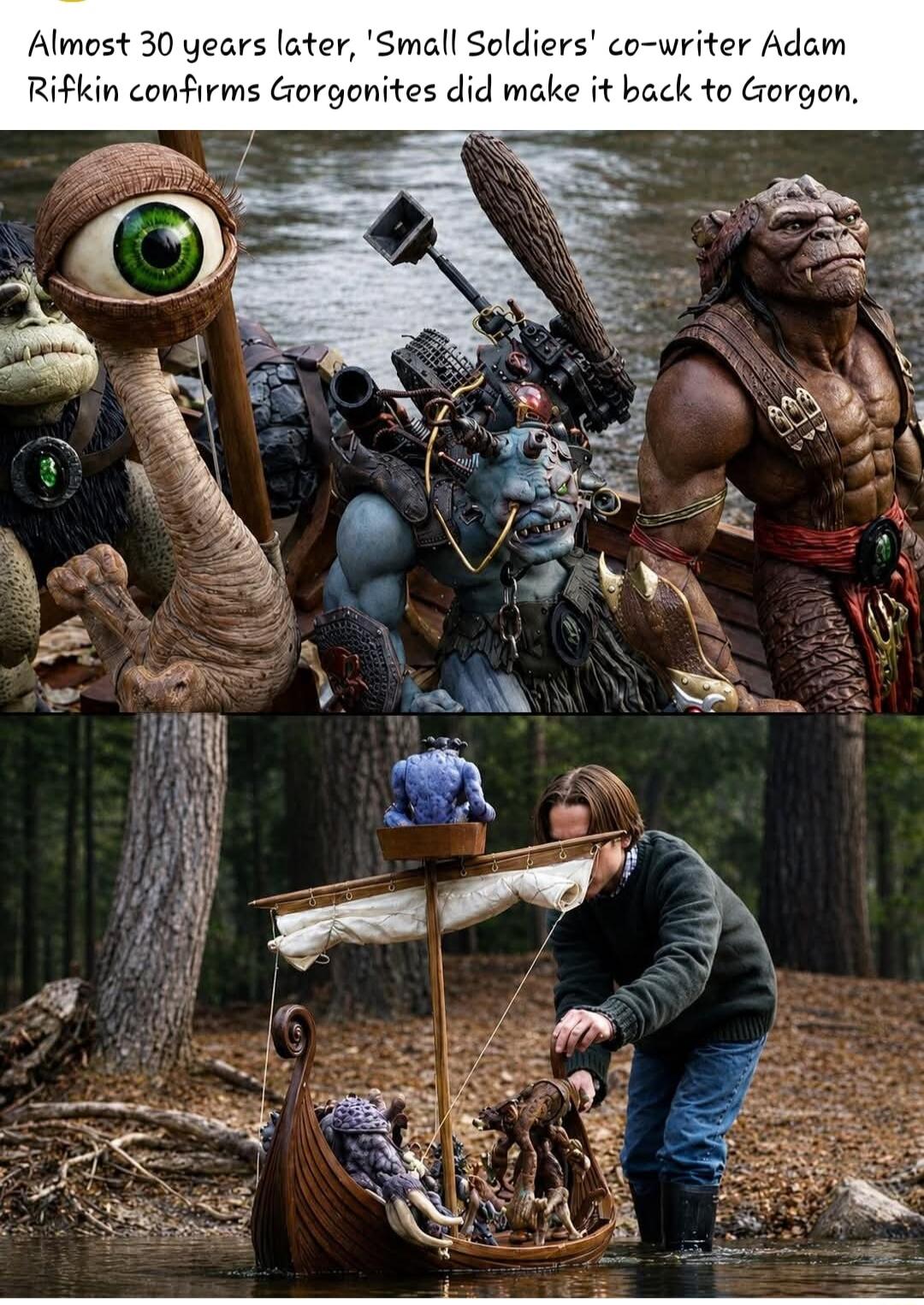 Almost 30 years later, 'Small Soldiers' co-writer Adam Rifkin confirms Gorgonites did make it back to Gorgon. The image shows detailed figures of Gorgonites from the movie 'Small Soldiers' and a person interacting with a miniature boat carrying these figures in a natural setting, implying a recreation or tribute to the movie's lore.