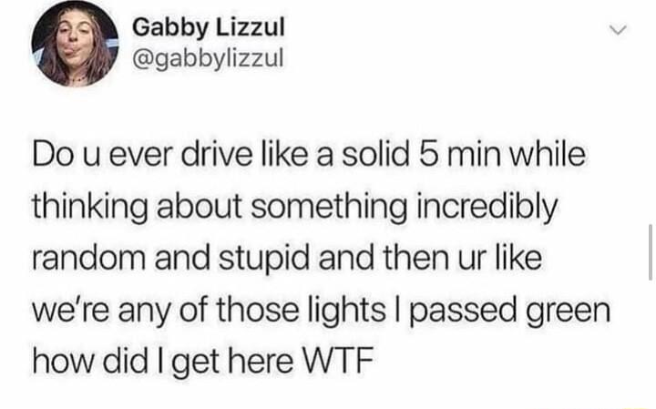 Gabby Lizzul e gabbylizzul Do u ever drive like a solid 5 min while thinking about something incredibly random and stupid and then ur like were any of those lights passed green how did get here WTF