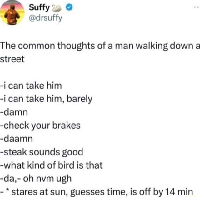 Suffy L drsuffy The common thoughts of a man walking down a street i can take him i can take him barely damn check your brakes daamn steak sounds good what kind of bird is that da oh nvm ugh stares at sun guesses time is off by 14 min