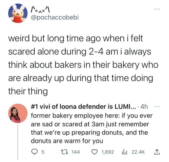 Popo pochaccobebi weird but long time ago when i felt scared alone during 2 4 am i always think about bakers in their bakery who are already up during that time doing their thing 1 vivi of loona defender is LUML 4h former bakery employee here if you ever are sad or scared at 3am just remember that were up preparing donuts and the donuts are warm for you Qs s Q1892 g 224k