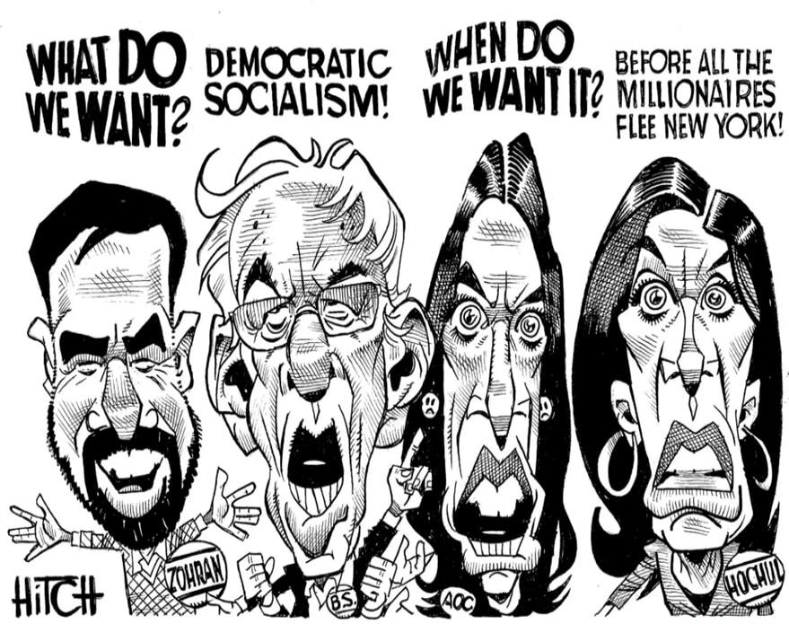 WHAT DO WE WANT? DEMOCRATIC SOCIALISM! WHEN DO WE WANT IT? BEFORE ALL THE MILLIONAIRES FLEE NEW YORK!