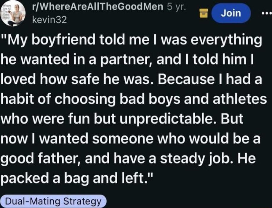 rWhereAreAllTheGoodMen 5 yr evin32 SOV Tl T Te R el e Wy CEY RV EYVETGV G Ty o he wanted in a partner and told him loved how safe he was Because had a habit of choosing bad boys and athletes who were fun but unpredictable But now wanted someone who would be a LT RENGETAE N BNV R CE T VA o M 2 SEICLIERE DA 8