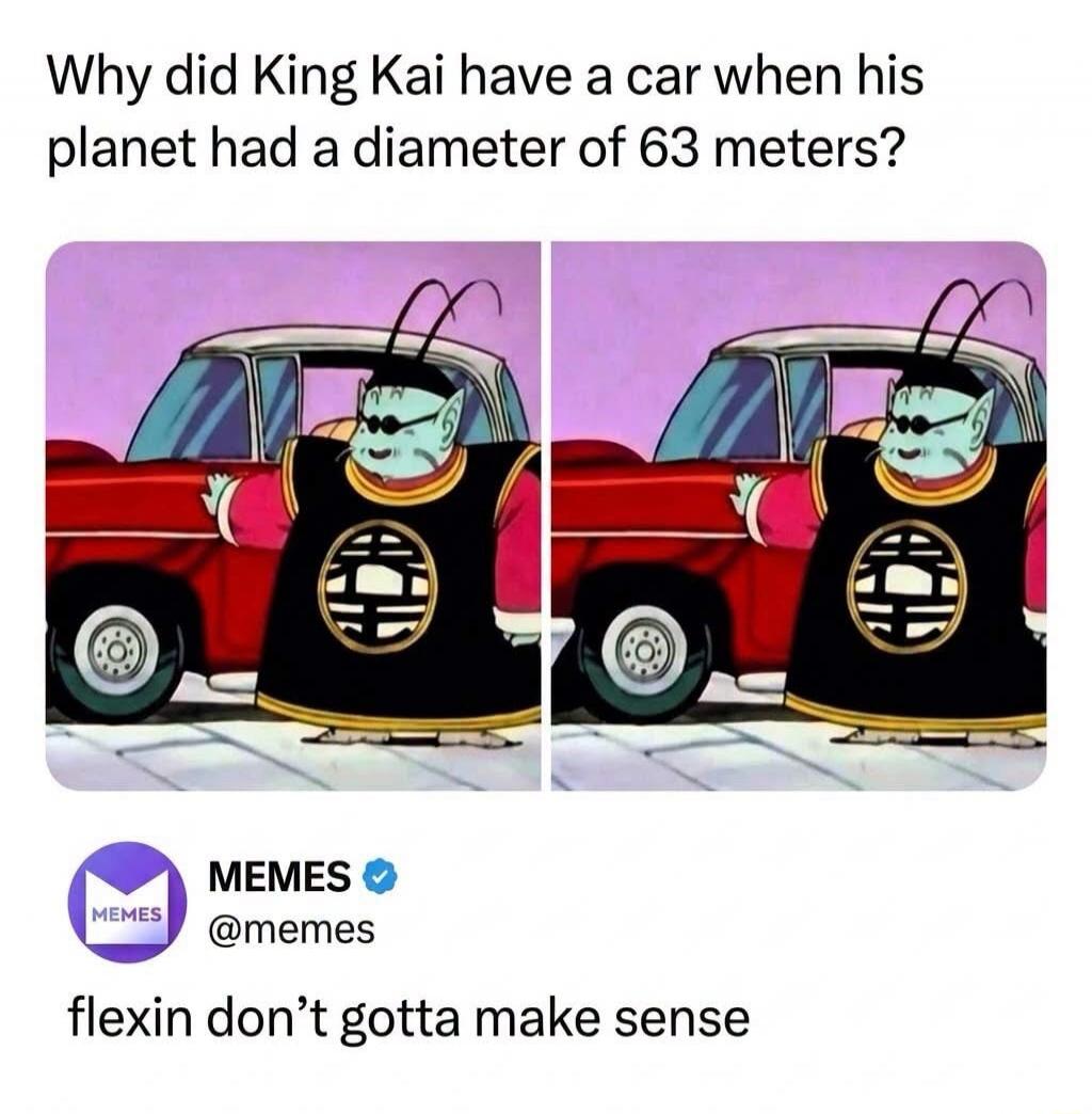 Why did King Kai have a car when his planet had a diameter of 63 meters? MEMES @memes flexin don't gotta make sense
