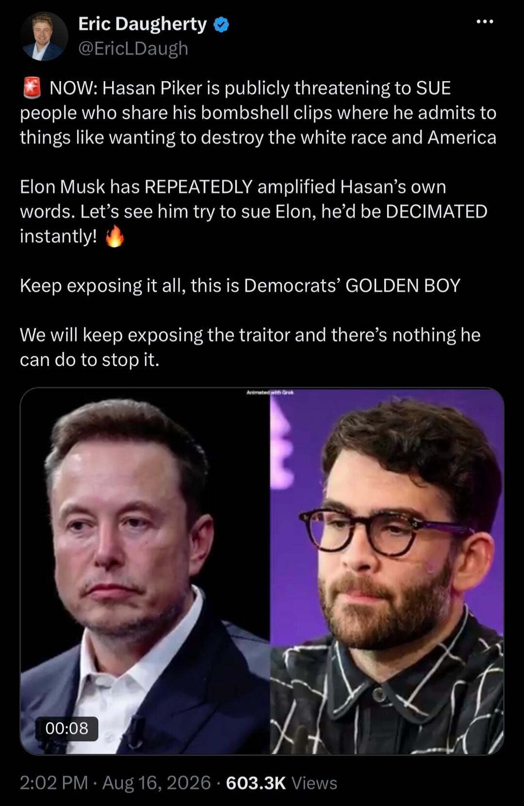NOW: Hasan Piker is publicly threatening to SUE people who share his bombshell clips where he admits to things like wanting to destroy the white race and America. Elon Musk has REPEATEDLY amplified Hasan's own words. Let's see him try to sue Elon, he'd be DECIMATED instantly! Keep exposing it all, this is Democrats' GOLDEN BOY. We will keep exposin