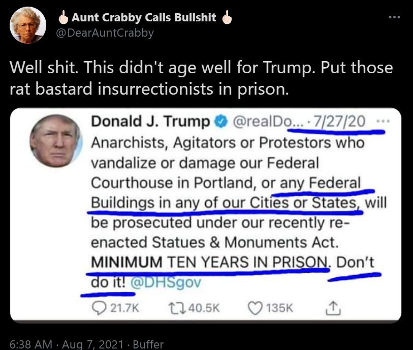 Aunt Crabby Calls Bullshit Well shit This didnt age well for Trump Put those rat bastard insurrectionists in prison Donald J Trump realDg 2720 Anarchists Agitators or Protestors who vandalize or damage our Federal Courthouse in Portland or any Federal Buildings in any of our Cities or States will be prosecuted under our recently re enacted Statues Monuments Act MINIMUM TEN YEARS IN PRISON Dont doi