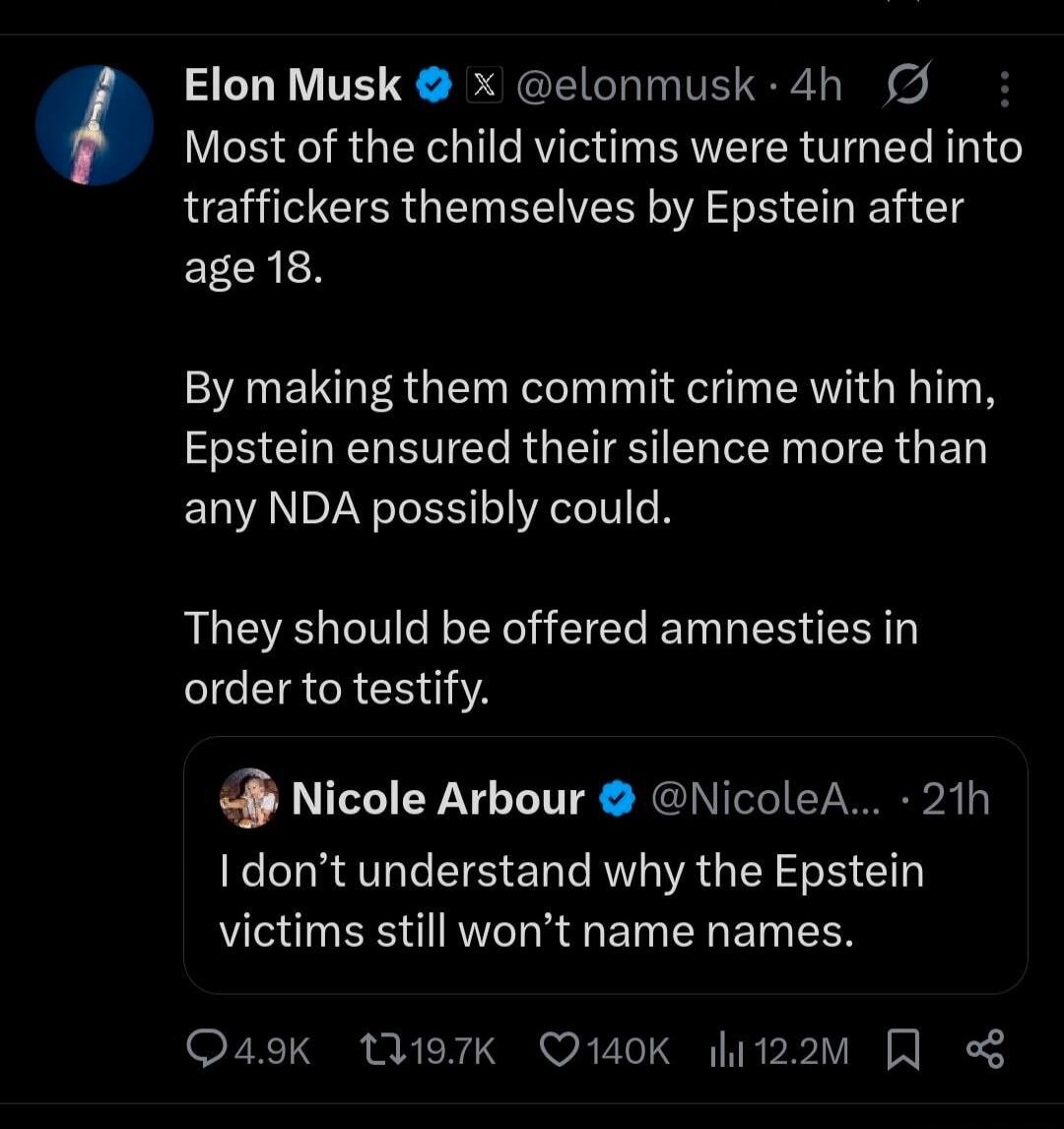 Most of the child victims were turned into traffickers themselves by Epstein after age 18.

By making them commit crime with him, Epstein ensured their silence more than any NDA possibly could.

They should be offered amnesties in order to testify.