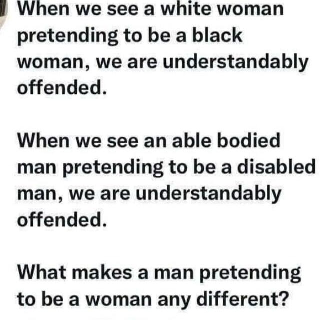 When we see a white woman pretending to be a black woman, we are understandably offended. When we see an able bodied man pretending to be a disabled man, we are understandably offended. What makes a man pretending to be a woman any different?