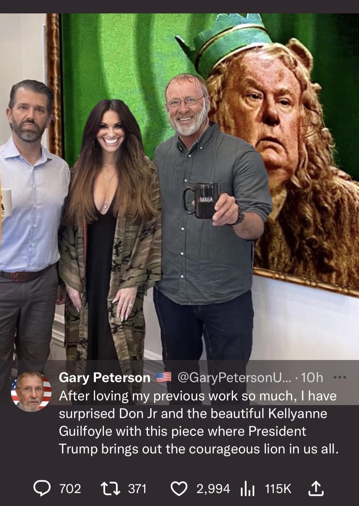 Gary Peterson GaryPetersonU 10h After loving my previous work so much have surprised Don Jr and the beautiful Kellyanne Guilfoyle with this piece where President Trump brings out the courageous lion in us all l Qo2 13 Q 2994 115k A