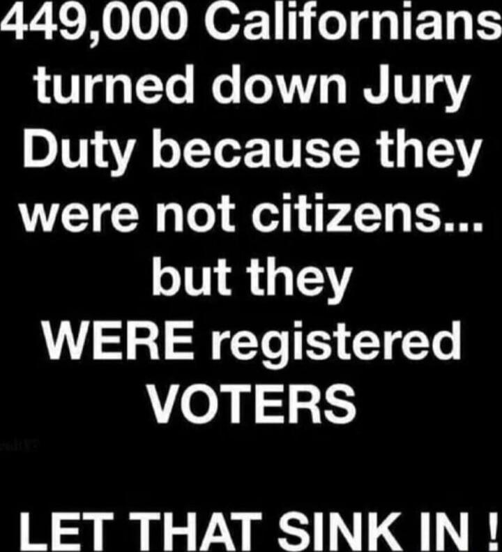 449,000 Californians turned down Jury Duty because they were not citizens... but they WERE registered VOTERS LET THAT SINK IN !