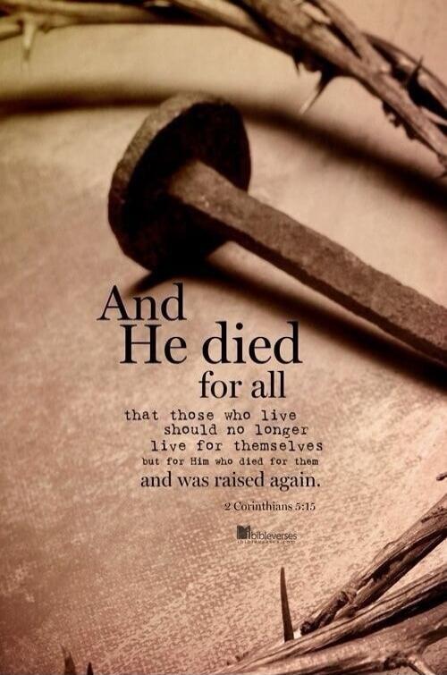 And He died for all that those who live should no longer live for themselves but for Him who died for them and was raised again. 2 Corinthians 5:15 bibleverses.com