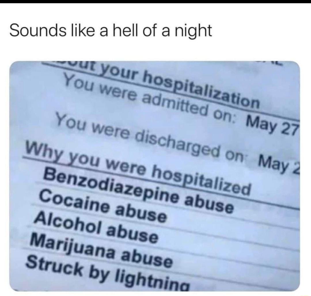 Sounds like a hell of a nig li h Yoy Were dschargea N May Wh OU were hog italizoq Bzodmm a COcal abuge buse Alcohg ak 3 luln Struck p jouse
