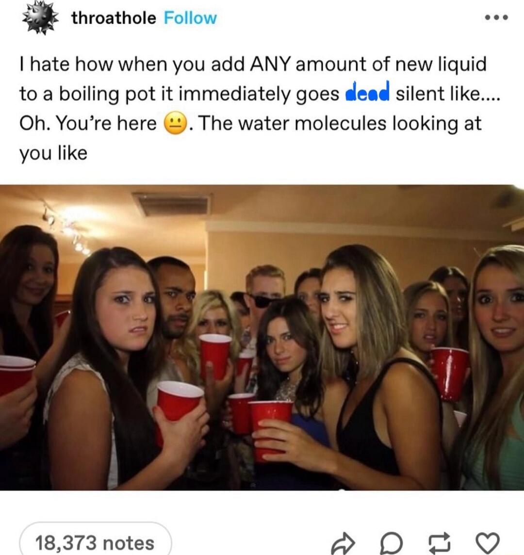 S throathole I hate how when you add ANY amount of new liquid to a boiling pot it immediately goes silent like Oh Youre here The water molecules looking at you like 18373 notes 9