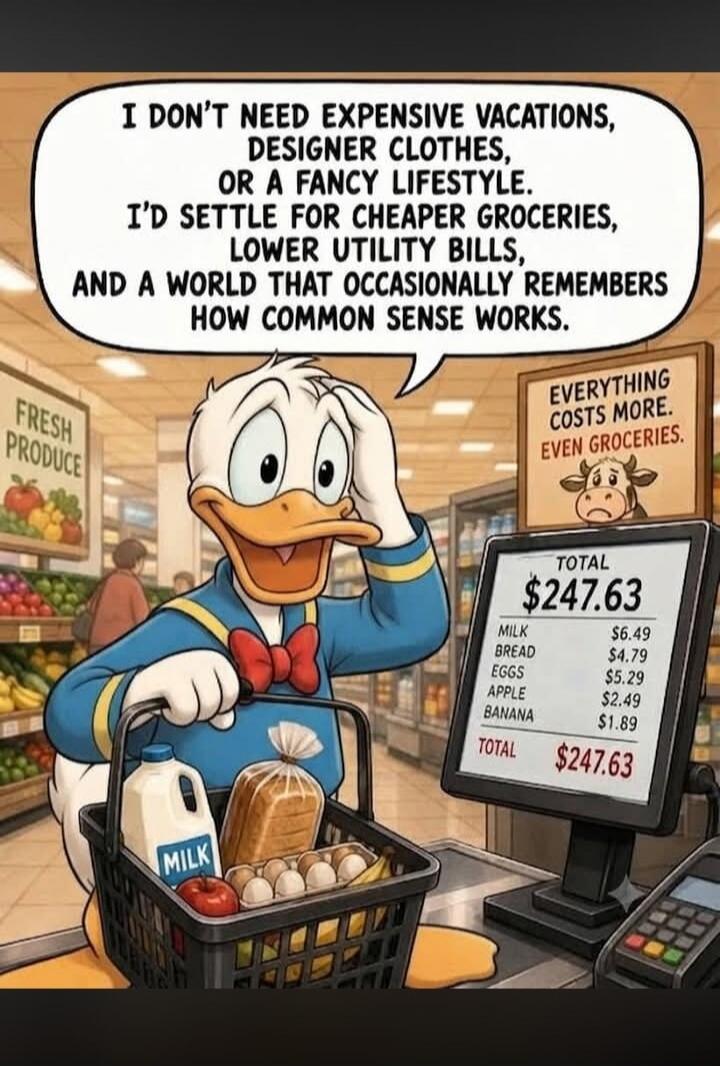 I DON'T NEED EXPENSIVE VACATIONS, DESIGNER CLOTHES, OR A FANCY LIFESTYLE. I'D SETTLE FOR CHEAPER GROCERIES, LOWER UTILITY BILLS, AND A WORLD THAT OCCASIONALLY REMEMBERS HOW COMMON SENSE WORKS. FRESH PRODUCE. EVERYTHING COSTS MORE. EVEN GROCERIES. TOTAL $247.63. MILK $6.49, BREAD $4.79, EGGS $5.29, APPLE $2.49, BANANA $1.89.