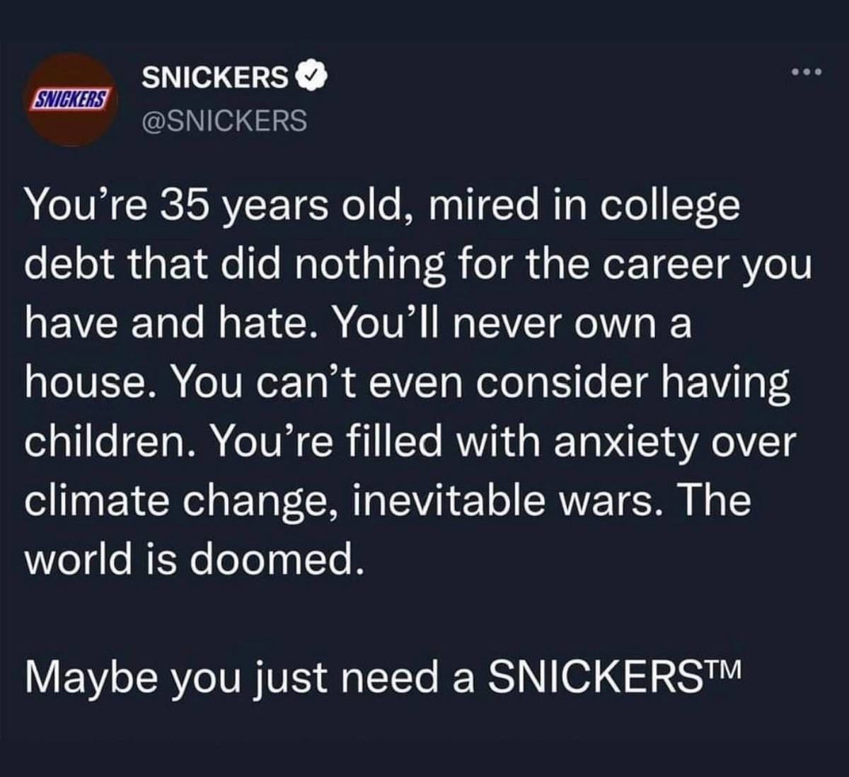 SNICKERS S 3 NIV CRCISRY T 16 o o M 0211 Te g Welo 7L2 o 1olugF e Te Mool dallaT R o aTNor 1T T o0 have and hate Youll never own a aTeIVEYI e TUNor Ta i A VZTa WoTo gty Te T g P MVi o oS children Youre filled with anxiety over climate change inevitable wars The world is doomed VEYY o TRYe IV VES i lTeTe IR 01 4 2L