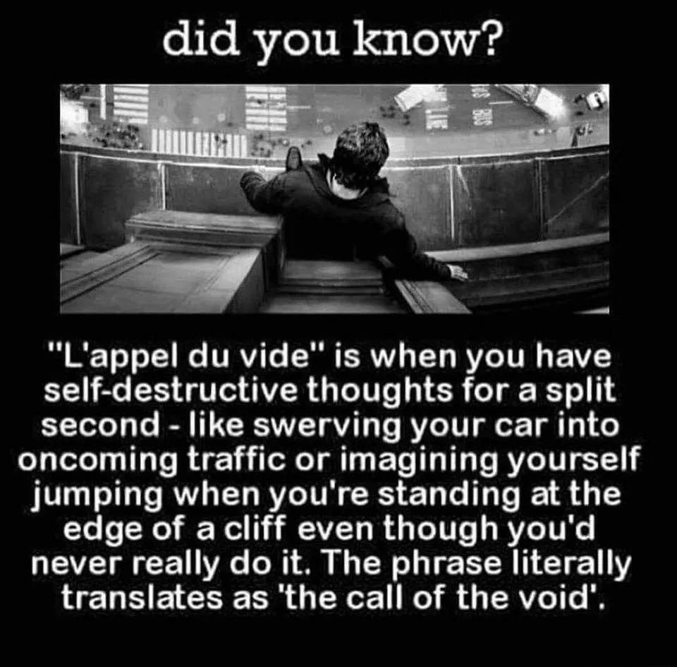 R ST TR VRVIT ER ER Y RV ITRL VY self destructive thoughts for a split second like swerving your car into oncoming traffic or imagining yourself jumping when youre standing at the CL LR R T VL R I RV ITY never really do it The phrase literally LEDNE CRERR O EGE K QRG