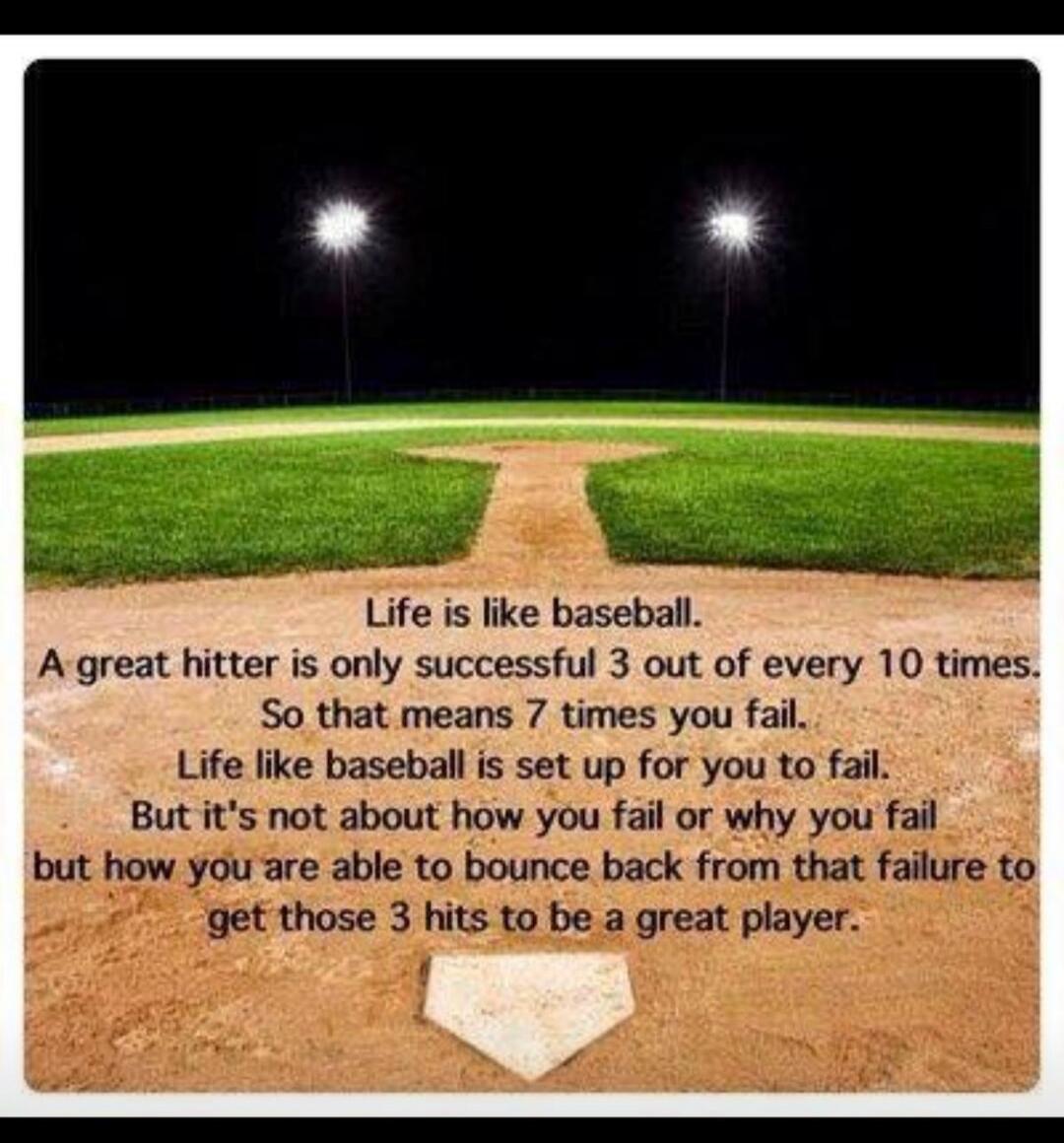 Life is like baseball. A great hitter is only successful 3 out of every 10 times. So that means 7 times you fail. Life like baseball is set up for you to fail. But it's not about how you fail or why you fail but how you are able to bounce back from that failure to get those 3 hits to be a great player.
