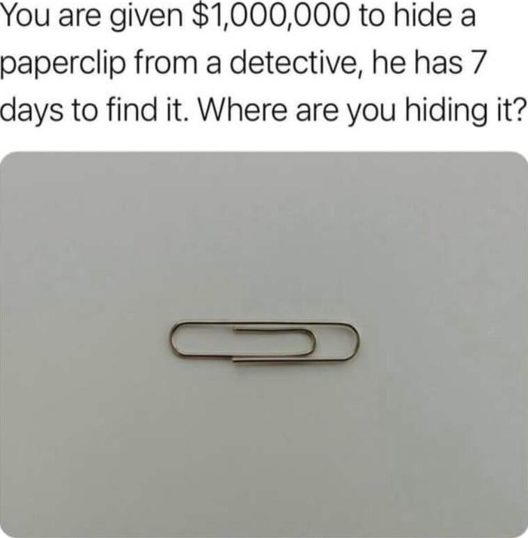 ou are given 1000000 to hide a paperclip from a detective he has 7 days to find it Where are you hiding it