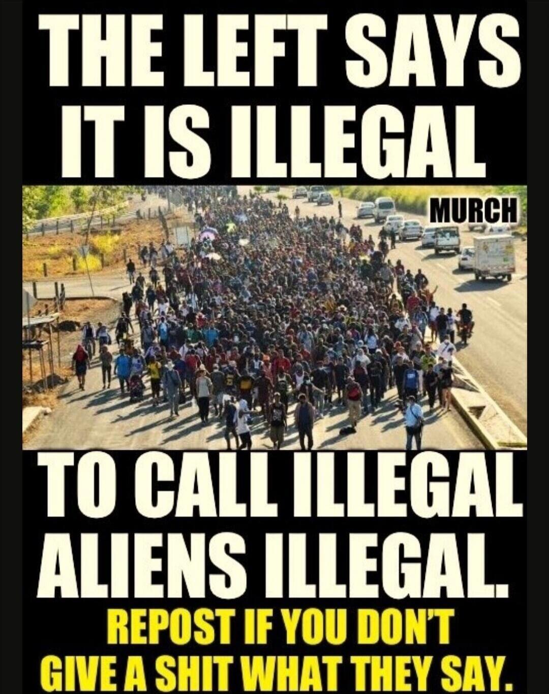 THE LEFT SAYS IT IS ILLEGAL TO CALL ILLEGAL ALIENS ILLEGAL. REPOST IF YOU DON'T GIVE A SHIT WHAT THEY SAY.