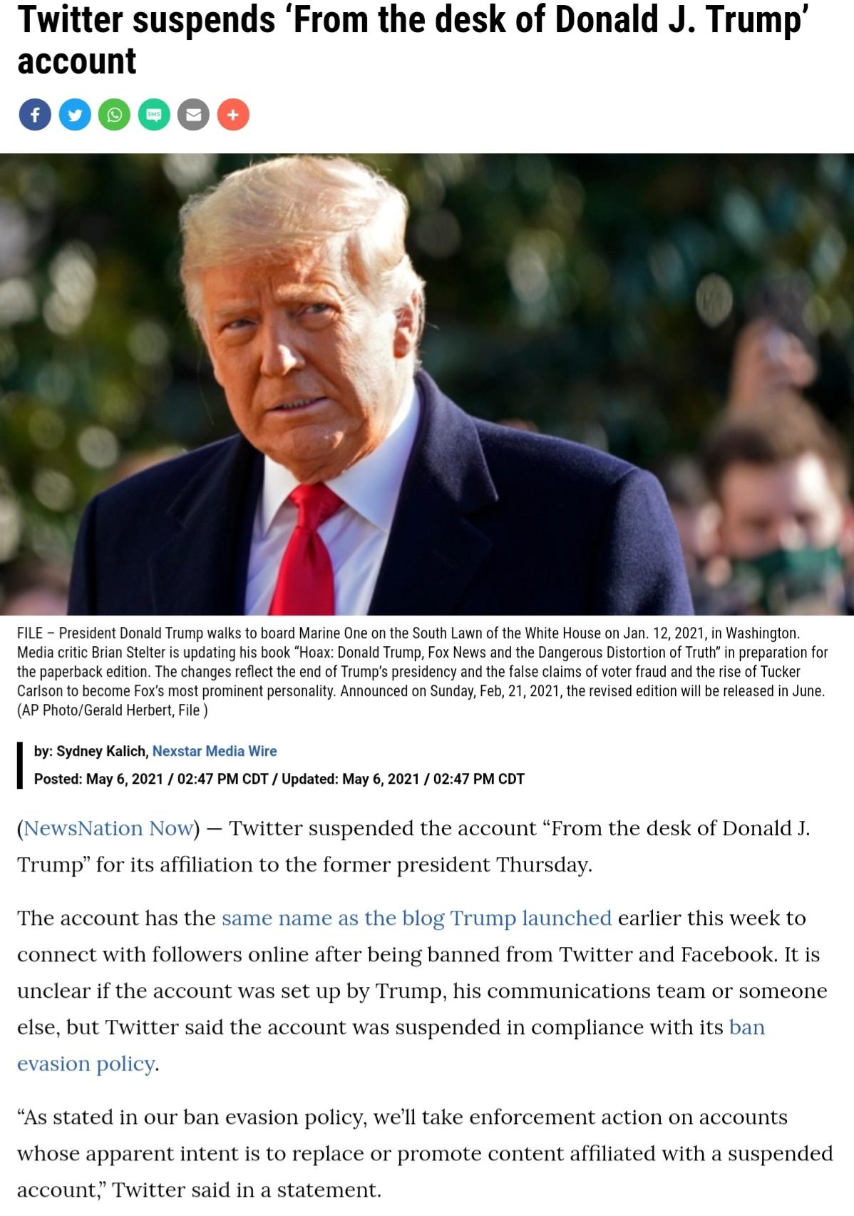 Twitter suspends From the desk of Donald J Trump account 0006000 FILE President Donald Trump walks to board Marine One on the South Lawn of the White House on Jan 12 2021 in Washington Media critic Brian Stelter is updating his book Hoax Donald Trump Fox News and the Dangerous Distortion of Truth in preparation for the paperback edition The changes reflect the end of Trumps presidency and the fals