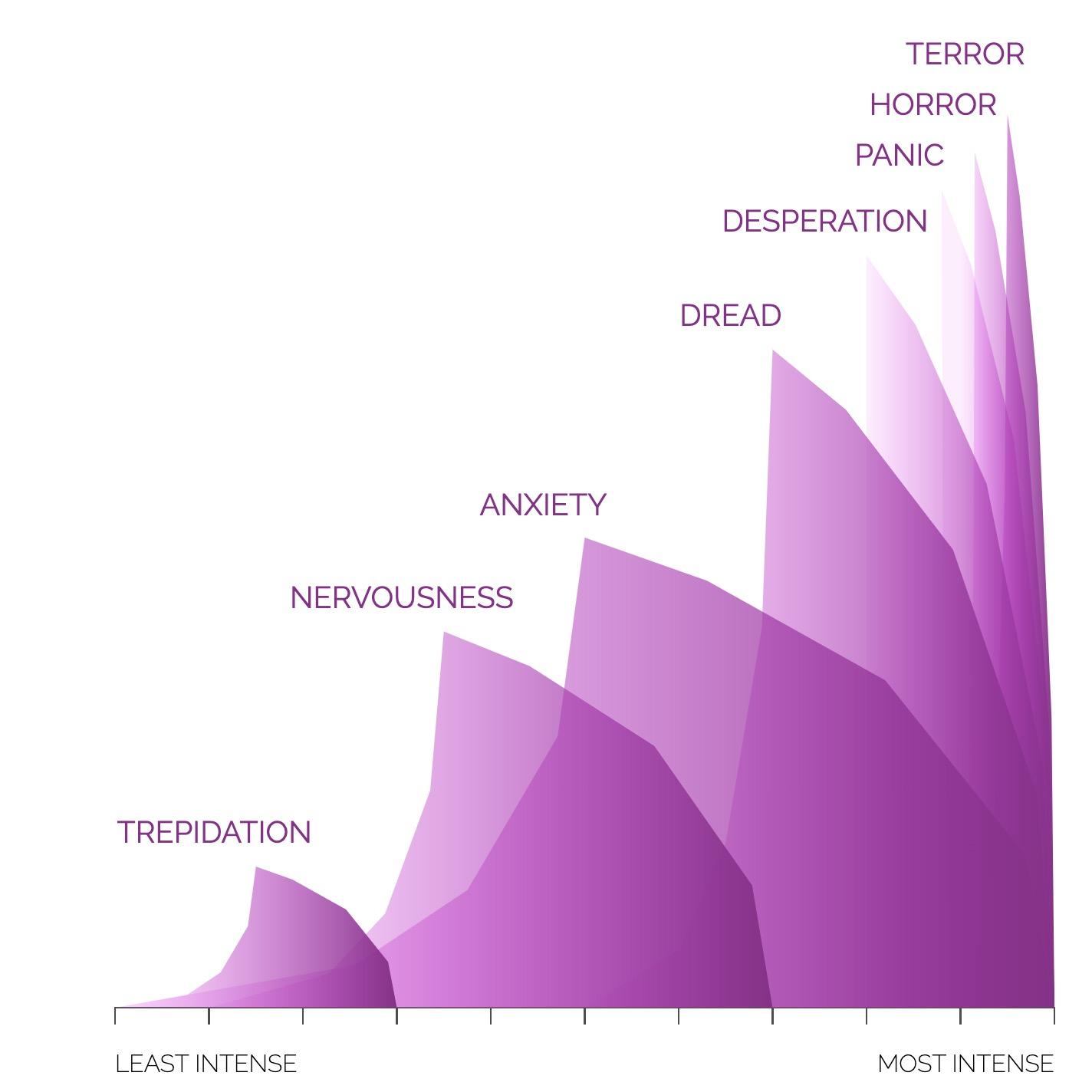 TERROR HORROR PANIC DESPERATION DREAD ANXIETY NERVOUSNESS TREPIDATION LEAST INTENSE MOST INTENSE