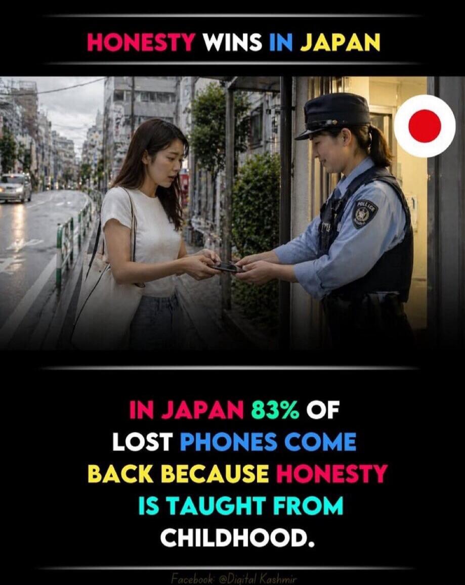 Honesty wins in Japan. In Japan, 83% of lost phones come back because honesty is taught from childhood.