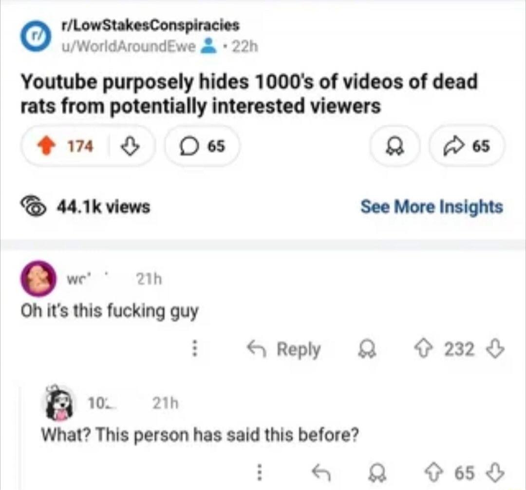 YouTube purposely hides 1000's of videos of dead rats from potentially interested viewers\n\nOh it's this fucking guy\nWhat? This person has said this before?