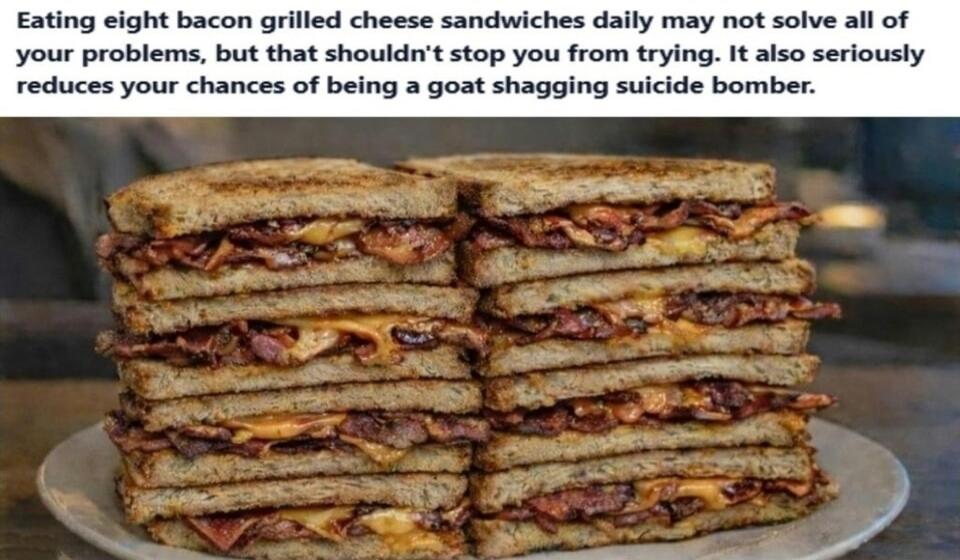 Eating eight bacon grilled cheese sandwiches daily may not solve all of your problems, but that shouldn't stop you from trying. It also seriously reduces your chances of being a goat shagging suicide bomber.