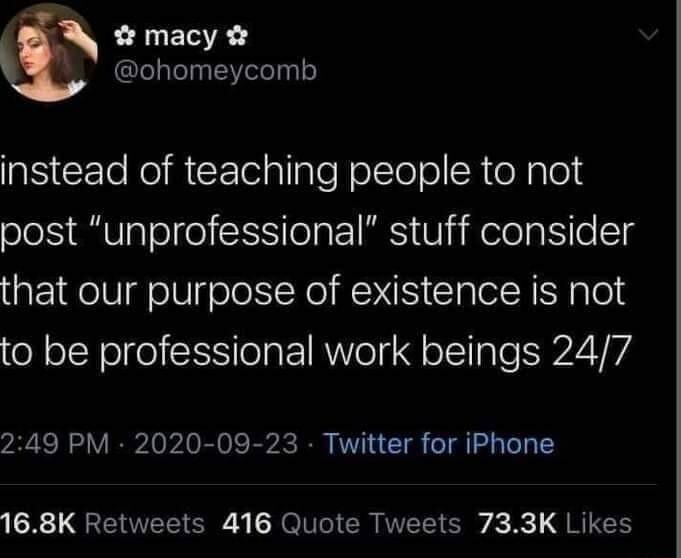 macy ohomeycomb AL e o cETel allale NoloTe N oNpleld post unprofessional stuff consider that our purpose of existence is not to be professional work beings 247 249 PM 2020 09 23 Twitter for iPhone R 1 QT SR N V R T S e R R