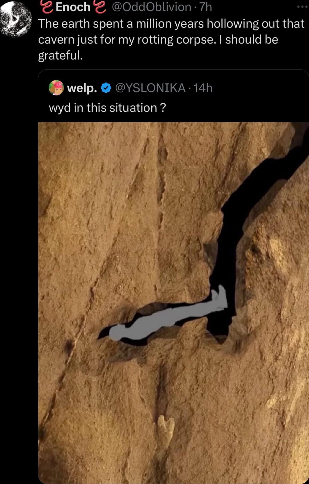 The earth spent a million years hollowing out that cavern just for my rotting corpse should be EEIGTIN welp YSLONIKA 14h wyd in this situation